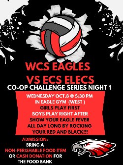 Black and red poster with volleyball and Eagle logo. Event details listed.